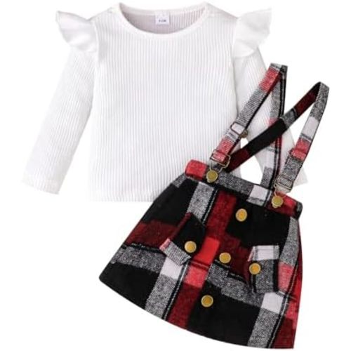 ChuYuKu Baby Girl Fall Winter 2Pcs Outfit Dress Clothes Set Ruffle Top + Plaid Suspender Skirt for Toddler Girl 9M - 4T