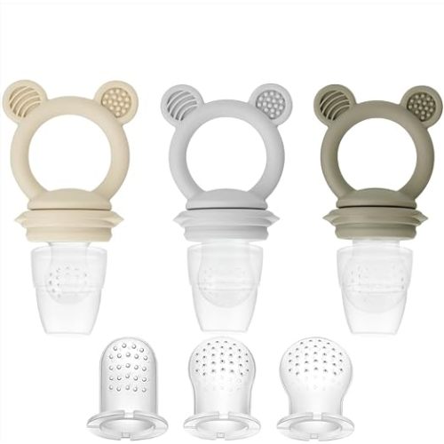 PandaEar 3 Pack Baby Fruit Food Feeder Pacifier, Silicone Feeder Pacifier with 3 Sizes Pouches for Babies Toddlers Infants Kids, BPA-Free Food Grade Soft Safe -Tan/Grey/Brown