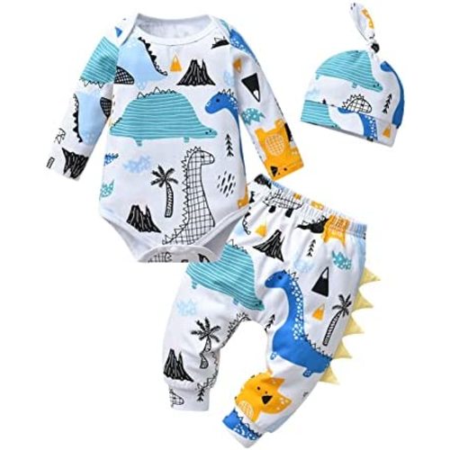 Newborn Infant Baby Boy Clothes Print Long Sleeve Bodysuit + Pants + Hat 3 PCS Outfits Set