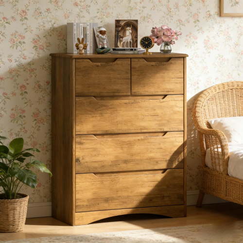 Dressers for Bedroom, 5 Chest of Drawers Dresser and Wooden Storage Cabinet with Cutout Handles for Living Room | Hallway | Entryway | Guest Room,Brown