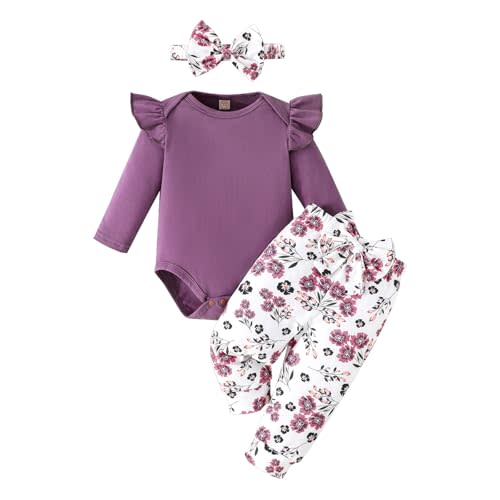 GDTOGRT Newborn Baby Girl Clothes Outfit Set Sweet Ruffle Romper, Pants and Headband 0 3 6 9 12 18 Months Infant Clothing