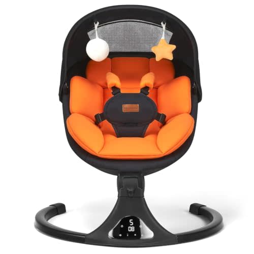 Baby Swings for Infants Remote/Touch 5-Speed Bluetooth 12 Melodies Orange | Portable for indoor/outdoor,Rear-view mesh window,3 timer 8/15/30min,5-point harness,0-6 months & Up to 20 lbs