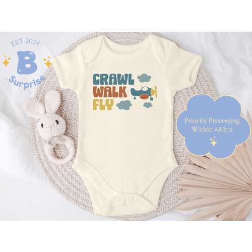 Crawl Walk Fly Airplane Baby Bodysuit - Retro Aviation Onesie® - Gender Neutral Natural Baby Gift Bodysuit