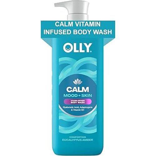OLLY Calm Body Wash with Hyaluronic Acid, Adaptogens & Vitamin B3– Nourishing Cleanser for Skin Barrier Repair, Deep Hydration, Eucalyptus Amber Scent, 17oz