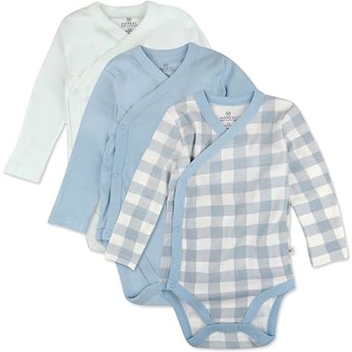 HonestBaby Baby 3-pack Long Sleeve Side-snap Kimono Bodysuits Organic Cotton for Infant Baby Boys, Girls, Unisex