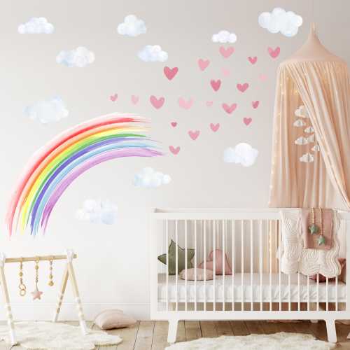 Watercolor rainbow & hearts Wall Decal,Watercolor cloud Wall Sticker, Nursery Mural, rainbow Wall Decal, Peel and Stick Decal nursery decals