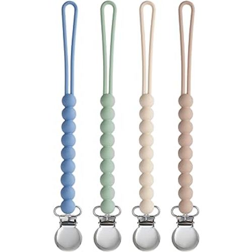 Pacifier Clip for Boys Girls - MORIBOX 4 Pack Paci Clip Soothie Baby Binky Holder for Shower Gift Birthday (Beige+Dbeige+Blue+Sage)