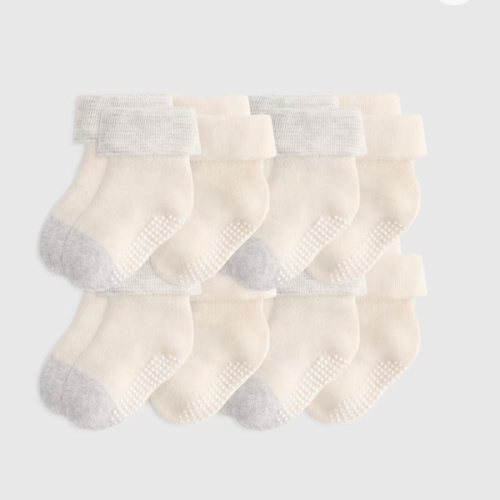 Organic Cotton Gripper Fold Over Socks 8-Pack - Baby in White/Grey
