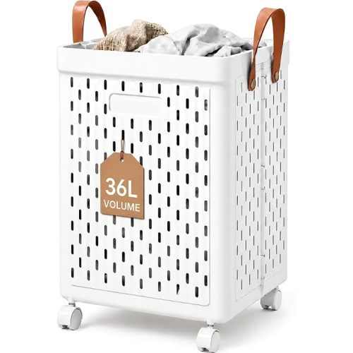 Plastic Rolling Laundry Basket with Wheels, Foldable Laundry Hamper for Small Spaces, Laundry Cart with Wheels and Handle, Wheeled Laundry Basket for Bathroom, Bedroom, Apartment, Laundry Room (36L)