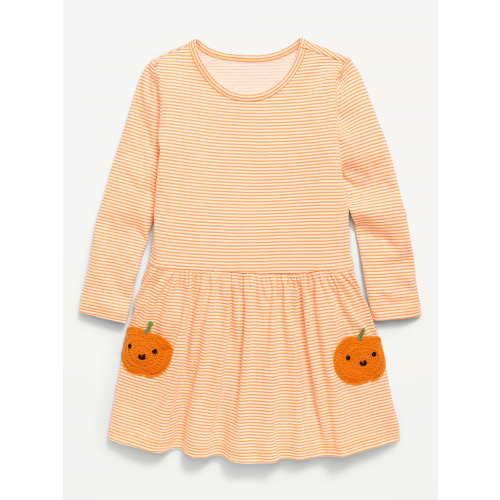 Long-Sleeve Ribbed Heart Pocket Dress for Toddler Girls