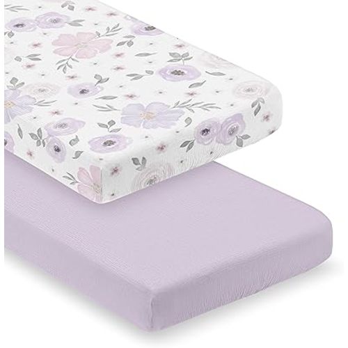 Sweet Jojo Designs 2-Piece Muslin Crib Sheets (Purple Boho Floral) for Baby Girls, Infant Nursery, Toddler Room - Standard Size 100% Cotton Sheet Set (Solid Lavender & Bohemian Shabby Chic, Farmhouse)