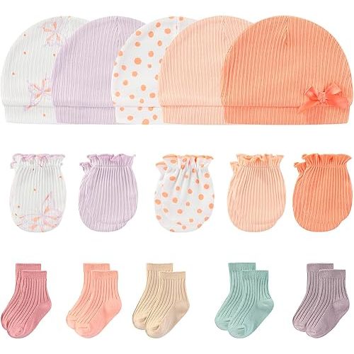 Newborn Baby Boy Girl Caps Mittens Socks Set Cotton Baby Essentials Accessories (Hats+Gloves+Socks)