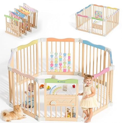 Foldable Wooden Baby Playpen, 45 x 45 x 24 inches, Pastel Dream, Colorful
