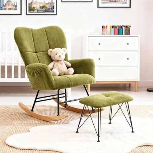 KEEZY Nursery Rocking Chair with Footrest,Upholstered Glider Rocker Rocking Accent Chair Padded Seat with High Backrest Armchair Comfy Side Chair for Living Room Bedroom(Green)