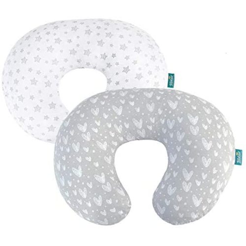 Nursing Pillow Cover 2 Pack Compatible with Boppy Pillow, 100% Jersey Cotton with Large Zipper Super Soft & Breathable & Skin Friendly for Moms / Baby, Grey & White