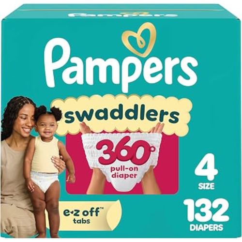Pampers Diapers - Swaddlers 360° - Size 4, 132 Count, up to 100% Leakproof Comfy Dry Fit, Designed for Easy Changes, Pull On Baby Diaper (Packaging May Vary)