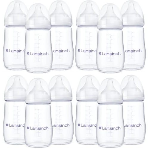 Lansinoh Anti-Colic Baby Bottles, BPA-Free Plastic, 8 Ounces, Medium Flow Nipples (Size M), Breastfeeding Bottle with NaturalWave Design, Baby Essentials (Pack of 12)