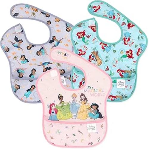Bumkins Disney Bibs for Girl or Boy, SuperBib Baby and Toddler for 6-24 Months, Essential Must Have for Eating, Feeding, Baby Led Weaning, Mess Saving Waterproof Soft Fabric, 3-pk Princess Magic