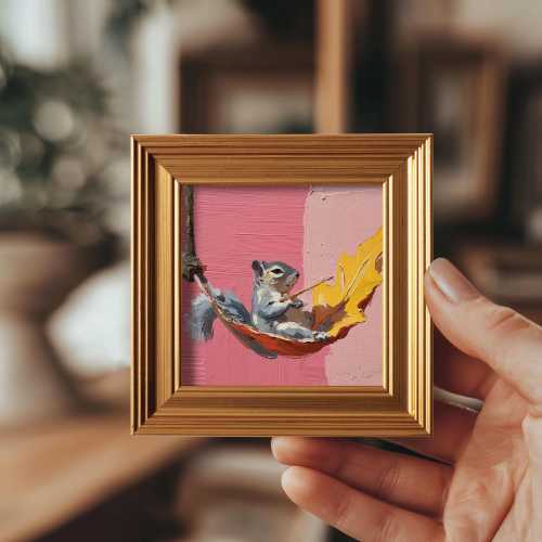 Mini Relax Squirrel Oil Painting, Woodland Animal Wall Art, Original Hand Painted Wildlife, Home Decor, 4x4 Gold Frame, Gift for Friends