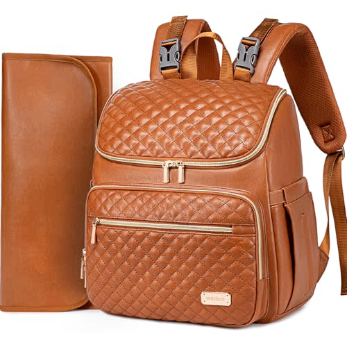 Weitars Diaper Bag Backpack Leather Baby Diaper Bag with Changing Pad Travel Diaper Backpack,Baby Bag for Mom,Stroller Straps,5 Insulated Pockets (Brown Leather)