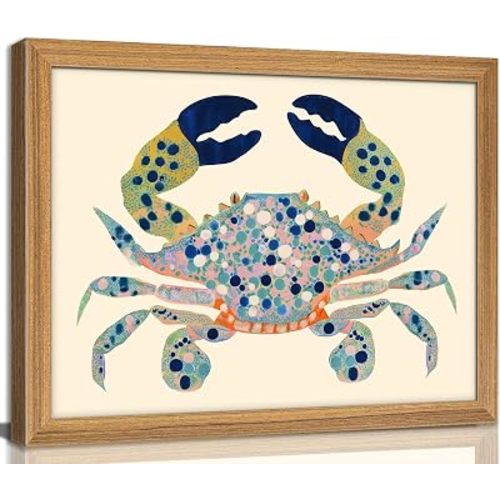 UAWRL Solid Wood Framed Watercolor Blue Coastal Crab Canvas Wall Art