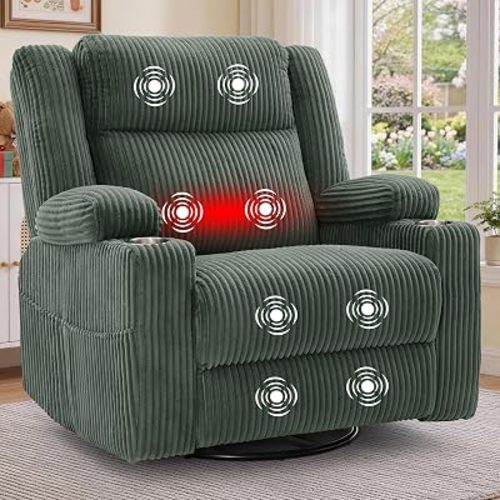 Korser Power Swivel Rocker Recliner with Dual Motor Adjustable Headrest for Adults, Oversized 24" Wide Seat Glider Rocking Chair with Massage & Heat, Corduroy Electric Recliner with USB&Type-C, Green