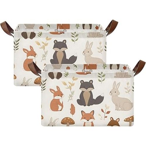 Large Storage Basket Woodland Animals Foldable Storage Box Organizer Bins with Handles for Shelves Home Office, 2PCS