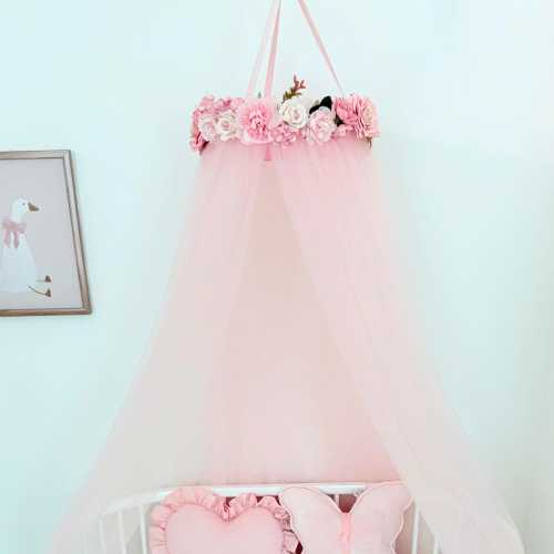 Light Pink Baby Canopy for Crib, Floral Princess Nursery Canopy with Tulle, Boho decor, Baby Shower Gift