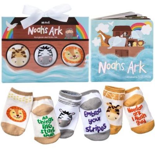 Tickle & Main Noah's Ark 4-Piece Gift Set for Infants 0-12 Months, Includes Storybook and 3 Pairs of Animal Socks Noah