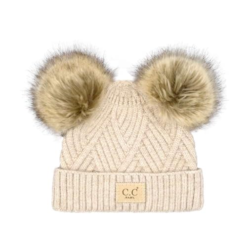 C.C Kids' Babies' Soft Stretch Cable Knit Faux Fur Pom Pom Beanie Hat