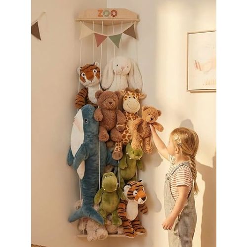 Large Stuffed Animal Storage for Corner - Stylish Wooden Toy Storage Organizer & Holder for Kids Playroom or Nursery - Easy to Assemble Stuffed Animal Wall Zoo Keeps Plush Friends Ready for Snuggles