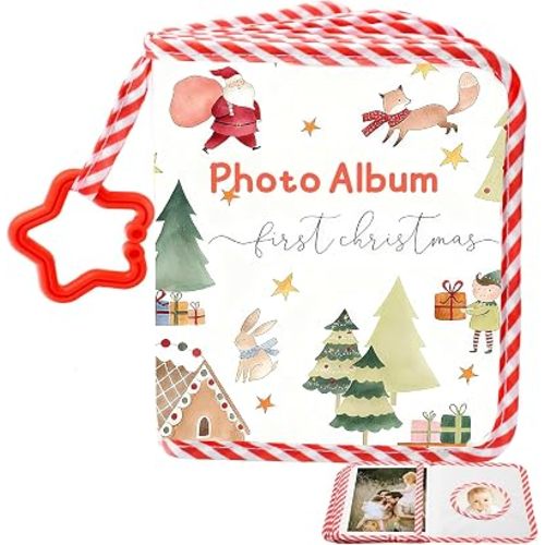 My First Christmas Baby Book, Photo Albums 4x6 Pictures for 17 Pockets, Baby Memory Book with Cut-Resistant Hand-Stitched Edges, Cute Photo Album for all Family to Record First Christmas Together