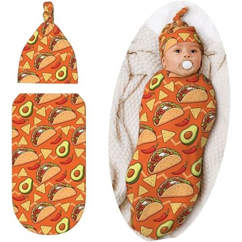 Burrito Tortilla Taco Swaddle Blanket with Hat Set, Soft Newborn Swaddle Outfit Shower Funny Gift for Boys and Girls