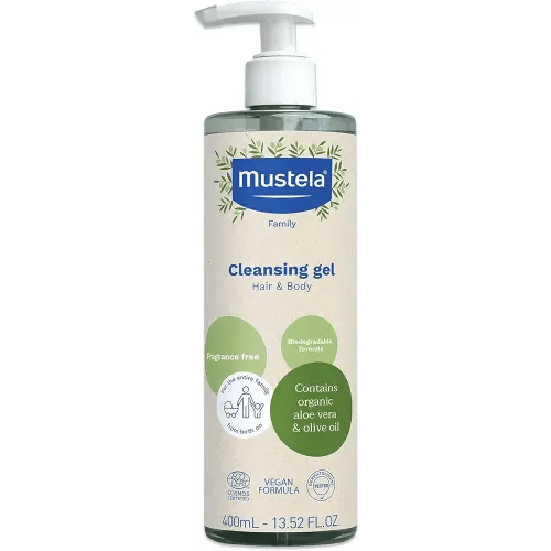 Mustela Certified Organic Cleansing Gel - Natural Hair & Body Wash with Olive Oil & Aloe Vera - For Baby, Kid & Adult - Fragrance Free, Tear Free, Vegan & Biodegradable - 13.52 fl. oz.
