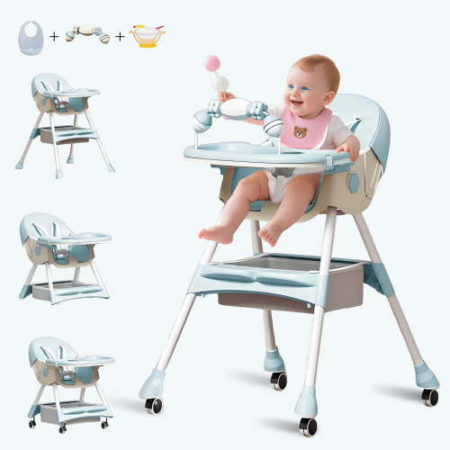 MINGYI 4-in-1 Baby High Chair for Infants & Toddlers (0-4 Years) - Adjustable, with Wheels,5-point safety belt, Green