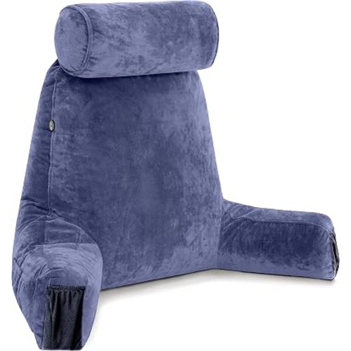 Husband Pillow Medium Reading Pillow with Arms - 23" Backrest for Sitting Up in Bed - Firm Support Bed Rest Pillow for Adults, Neck Roll, Removable Cover - TV, Reading, Lounging - Dark Blue
