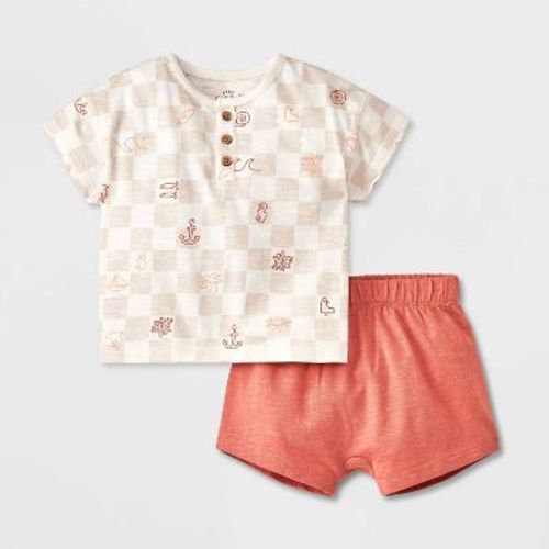 Baby Boys' Short Sleeve Top & Bottom Set - Cat & Jack™ Cream 6-9M: Lightweight Cotton, Front Button Down, Elastic Waistband