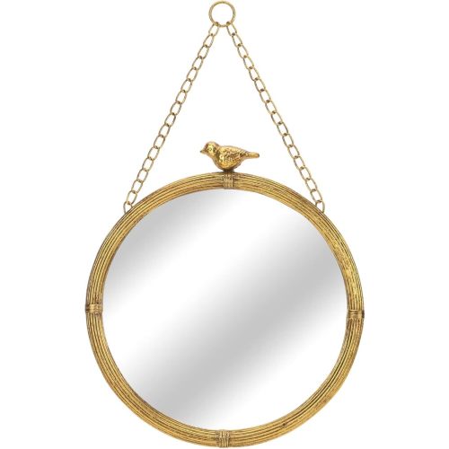 NIKKY HOME 11 Inch Decorative Small Hanging Mirrors Vintage Round Metal Framed Wall Mounted Mirror Decor with Bird for Bathroom Living Room Office, Rustic Gold