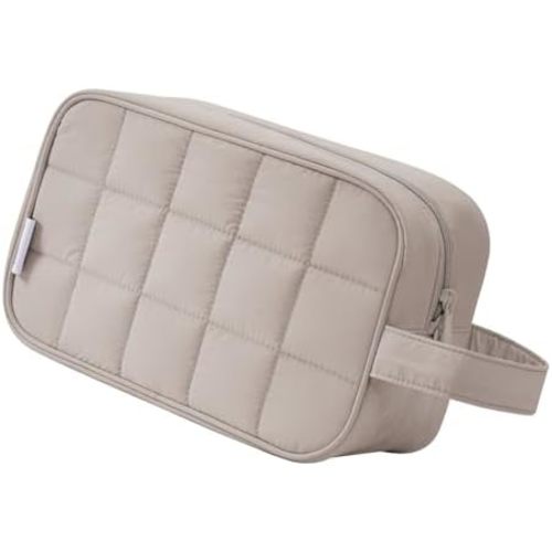 Narwey Quilted Makeup Bag Puffy Make up Bag Cosmetic Bag Organizer, Puffer Travel Toiletry Bag for Traveling Women Girl, Travel Bag for Toiletries, Skincare Medicine Bags (Khaki)