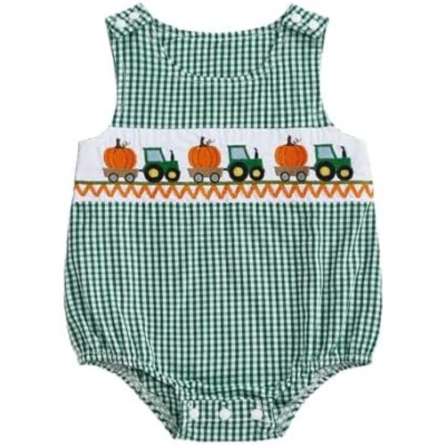 Ayalinggo Baby Boy Girl Pumpkin Patch Outfits Newborn Plaid Smocked Bubble Romper Halloween Outfit Infant Thanksgivng Clothes