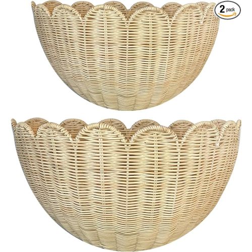 Scalloped Wall Basket, 2pcs Hand Woven Hanging Wicker Wall Baskets Set, Scalloped Rattan Wall Storage & Decor for Home, Bathroom, Kitchen, Living Room (16 x 12 x 7 & 14 x 8 x 6 Inch)