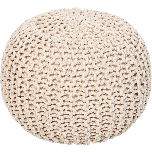 REDEARTH · Round Pouf Ottoman - Cable Knitted Boho Poof - Home Décor Cord Pouffe Handmade Circular Footrest for Living Room - Bedroom - Kids Bedroom - 100% Cotton Pouf (18" x 18" x 14") - Ivory