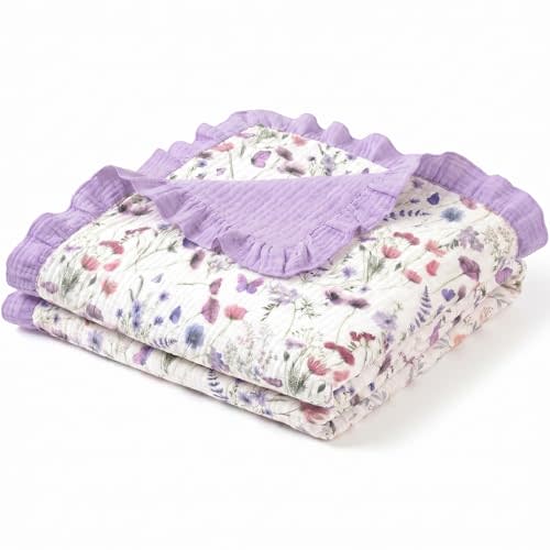 Flounce Muslin Baby Blanket for Girls Boys, 100% Cotton Crib Swaddle Blankets, Purple Floral Blanket for Infant Toddler 40 x 36 Inch Soft and Lightweight Nursery Swaddling Wrap