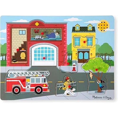 Melissa & Doug Around The Fire Station Sound Puzzle - Wooden Peg Puzzle (8 pcs)