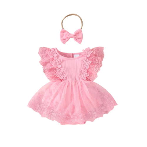 Oiyii Summer Baby Girls Lace Ruffle Sleeveless Romper Bodysuit Headband Set, Sizes 0-18 Months