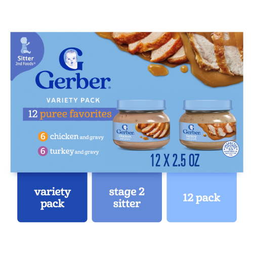 Gerber 2nd Foods Puree Favorites, Chicken and Turkey Baby Food Variety Pack, 2.5 oz Jars (12 Pack)