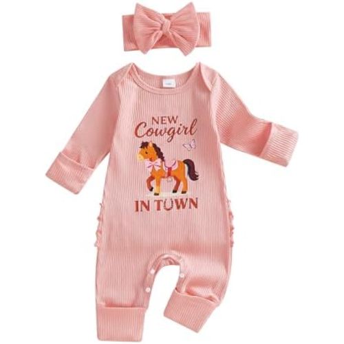 FYBITBO Newborn Girl Clothes Infant Cowgirl Romper Ribbed Knit Jumpsuit Western Baby Clothing Preemie Going Home Outfit