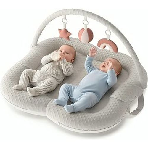 Twins Baby Play Mats for Floor Activity Gym - 5-in-1 Support Cushion Baby Play Mat Tummy Time Mat for Supervised Bonding with Arch, Plush Toys, Flashcards & Developmental Book - Grey