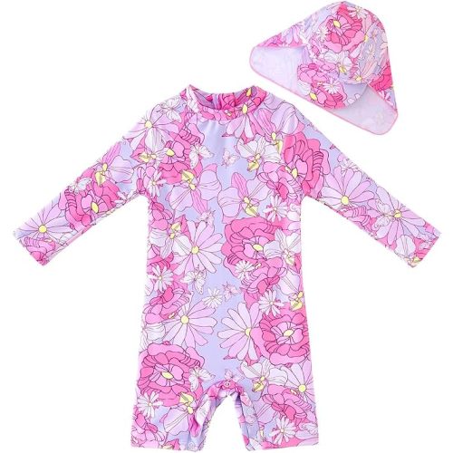 UMELOK Infant Girls Swimwear Sets One Piece Rash Guard Swimsuit with Sun Hat (Pink, Big Floral 6-9 months)