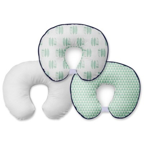 Bacati - 3 pc Noah Tribal Mint/Navy Feathers/Triangles Muslin Hugster Feeding & Infant Support Nursing Pillow with 2 removable zippered covers